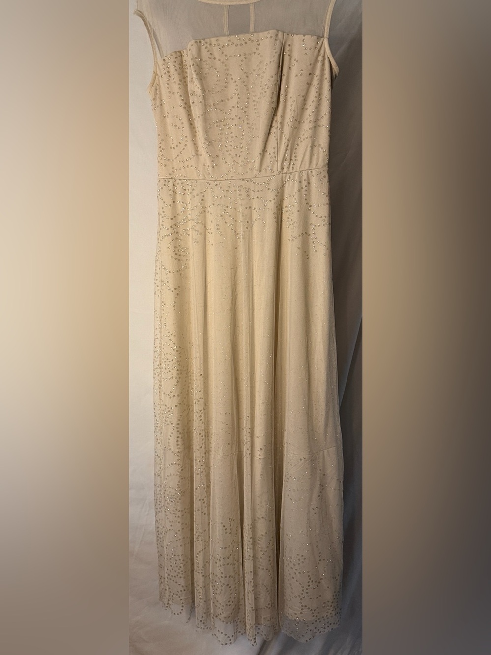 Beaded Cream Maxi Evening Dress with Sheer Yoke